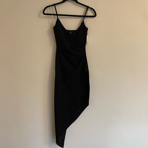 NWT Windsor black dress with side rouging, skinny straps and asymmetrical bottom